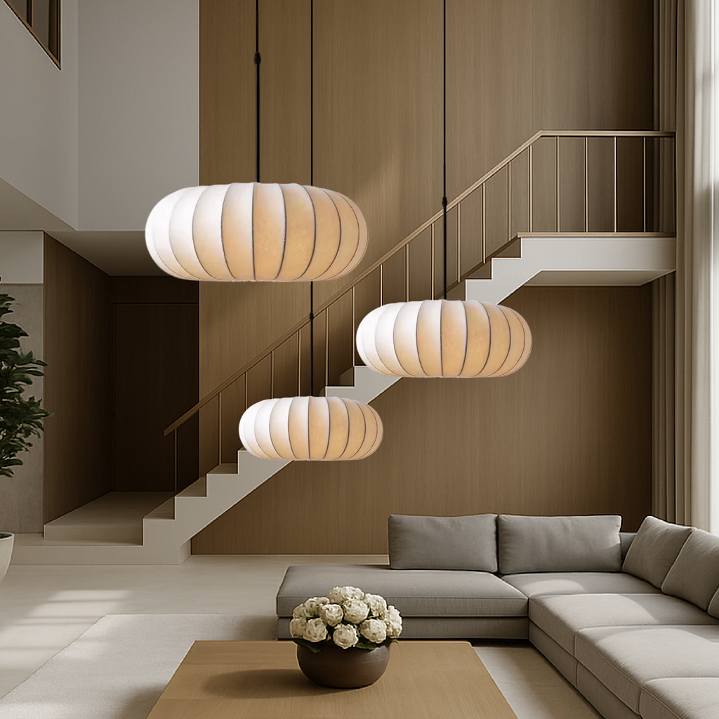 Pendant Light with Silk Shade, Ø 30–50 cm – Warm White 3000K LED Ceiling Lighting for Dining Table, Kitchen Island & Living Room