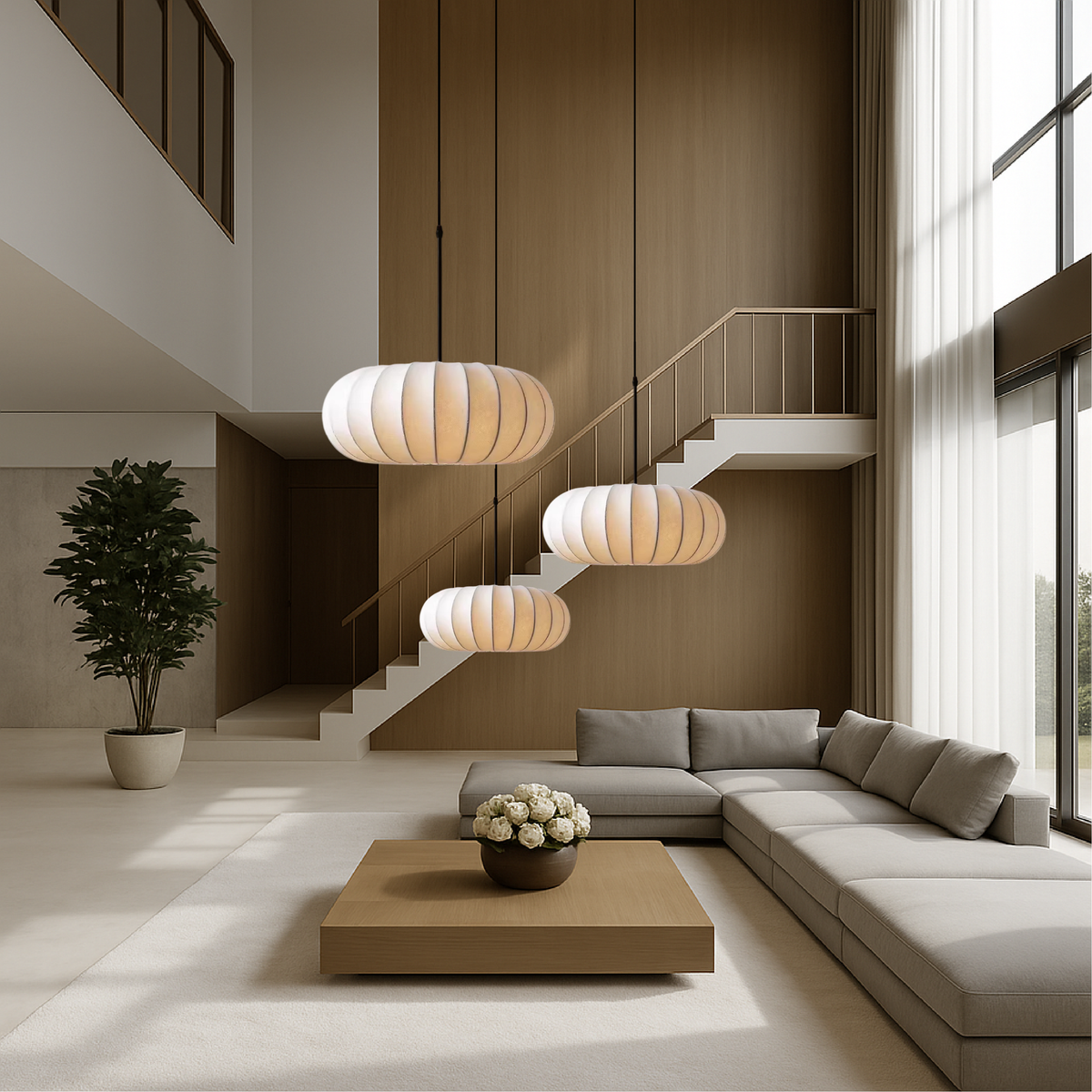 Pendant Light with Silk Shade, Ø 30–50 cm – Warm White 3000K LED Ceiling Lighting for Dining Table, Kitchen Island & Living Room
