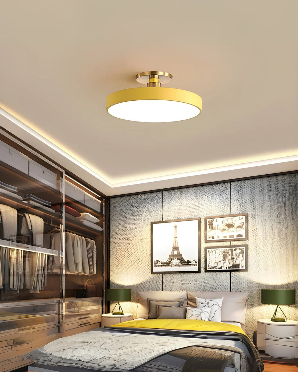 Modern Round Ceiling Light with Gold Detail & Acrylic Diffuser – Minimalist Semi-Flush for Living Room & Bedroom